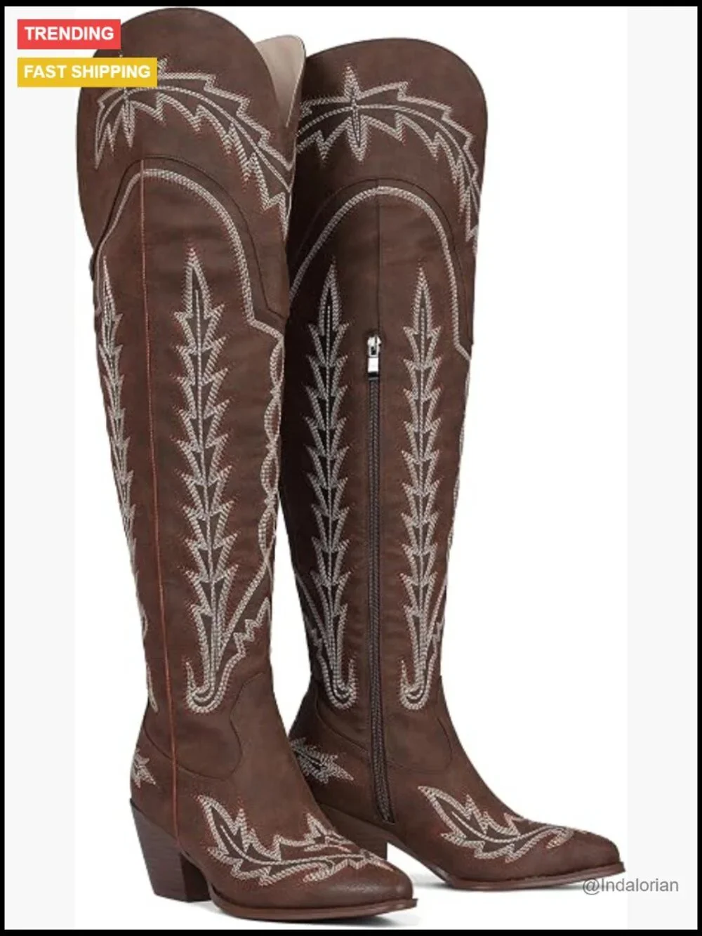 Thigh High Cowgirl Boots Embroidered Chunky Heel Side Zip Over the Knee Western